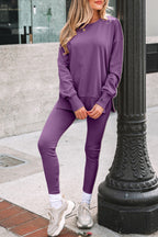 Orchid Mist Solid Color Oversize Slit Sweatshirt Ribbed Leggings 2pcs Set