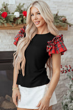 Black Plaid Pearl Ruffle Short Sleeve Loose T Shirt