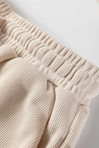 Jet Stream Solid Color Textured Knit Drop Shoulder Pullover Drawstring Shorts Set