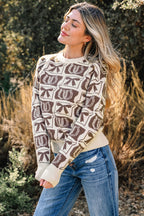 Brown Bows & Horseshoes Pattern Western Fashion Print Sweater