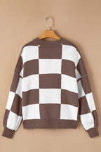 Dark Brown Checkered Bishop Sleeve Sweater