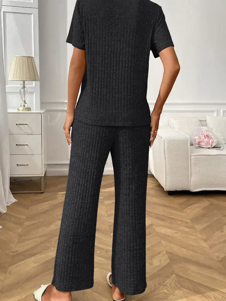 Ribbed Knit Short Sleeve Lounge Set Drawstring Wide Leg Pant