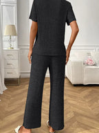 Ribbed Knit Short Sleeve Lounge Set Drawstring Wide Leg Pant