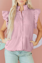 Pink Stand Neck Flutter Sleeve Snap Button Puffer Vest