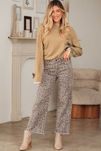 Tan Leopard Bow Decor Split Cuff Contrast Trim Sweater