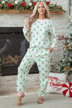 Green Bow Christmas Tree Print Contrast Striped Banding 2pcs Lounge Set