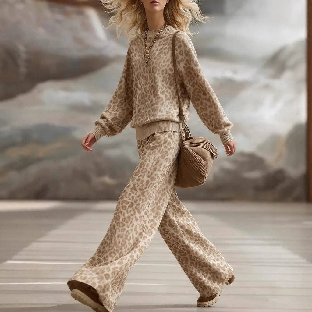 Leopard Print Sweatshirt & Wide Leg Pants Lounge Set