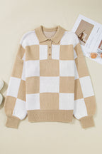 Light French Beige Checkered Pattern Polo Collar Loose Sweater