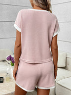 Pink Ribbed Lounge Set Contrast Trim Tee Top Shorts
