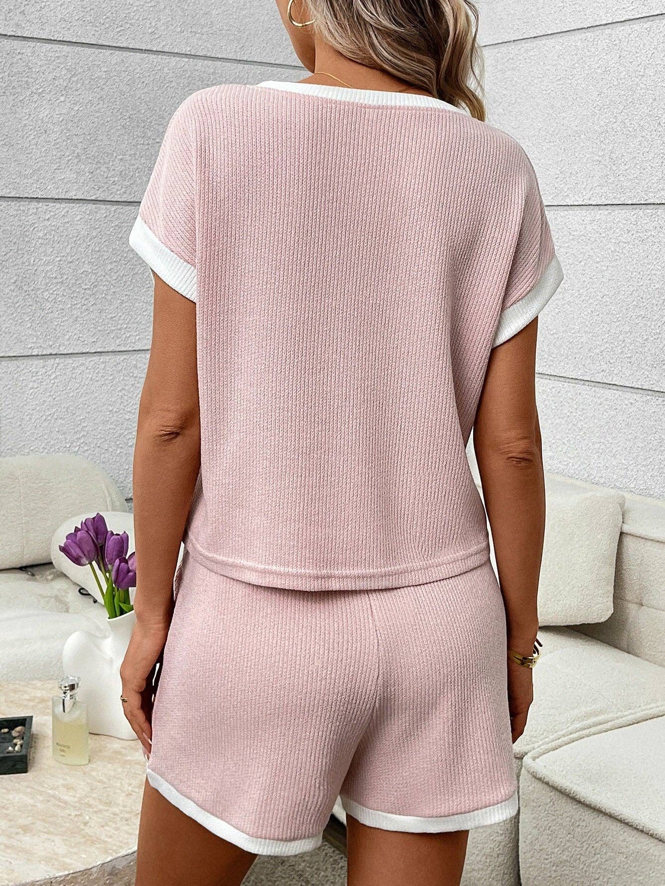 Pink Ribbed Lounge Set Contrast Trim Tee Top Shorts