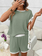 Pink Ribbed Lounge Set Contrast Trim Tee Top Shorts