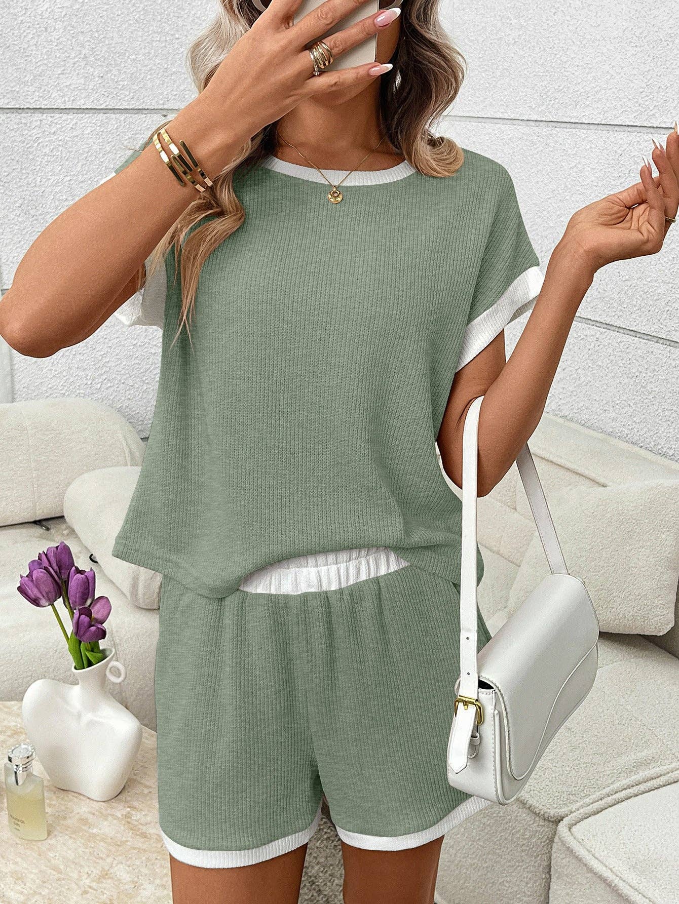 Pink Ribbed Lounge Set Contrast Trim Tee Top Shorts