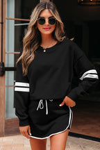 Black Varsity Stripe Detail Drop Shoulder Pullover Mini Skirt Set