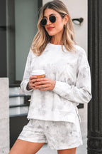 Beige Camo Print Pullover Top and Elastic Waist Casual Short Set