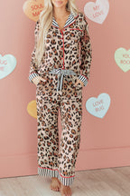 Dearlove Khaki Leopard Print Colorblock Striped Edge Shirt and Pants Pajama Set