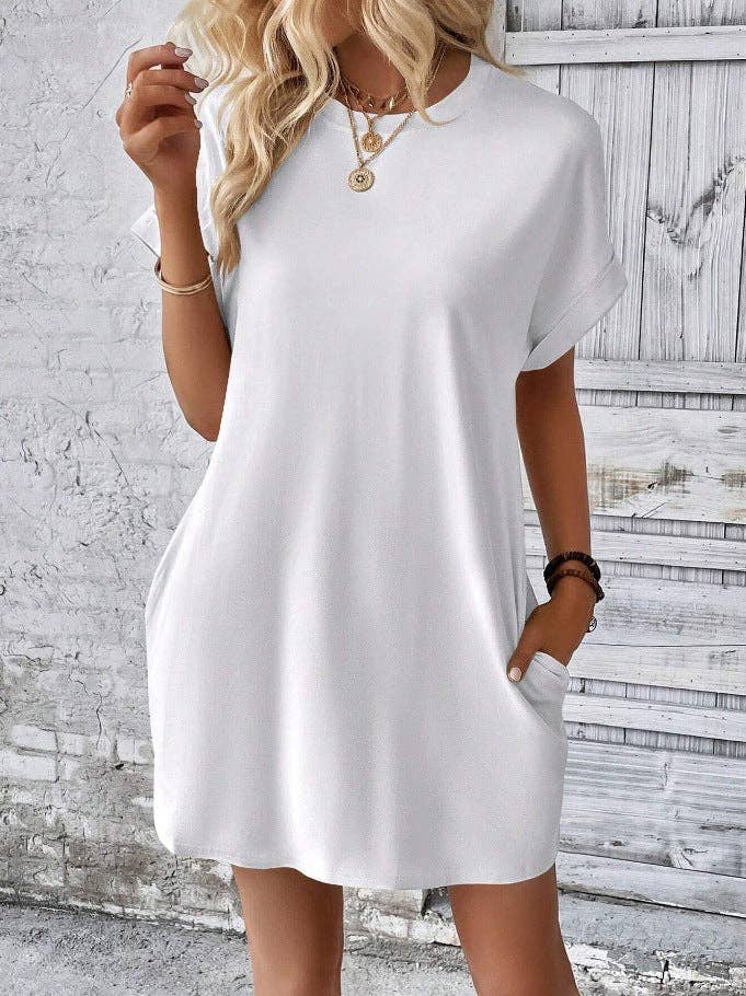 Relaxed Fit Cotton Short Sleeve Pocket Dress for Summer