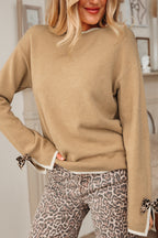 Tan Leopard Bow Decor Split Cuff Contrast Trim Sweater
