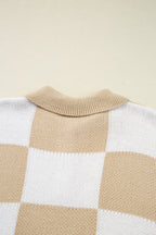 Light French Beige Checkered Pattern Polo Collar Loose Sweater