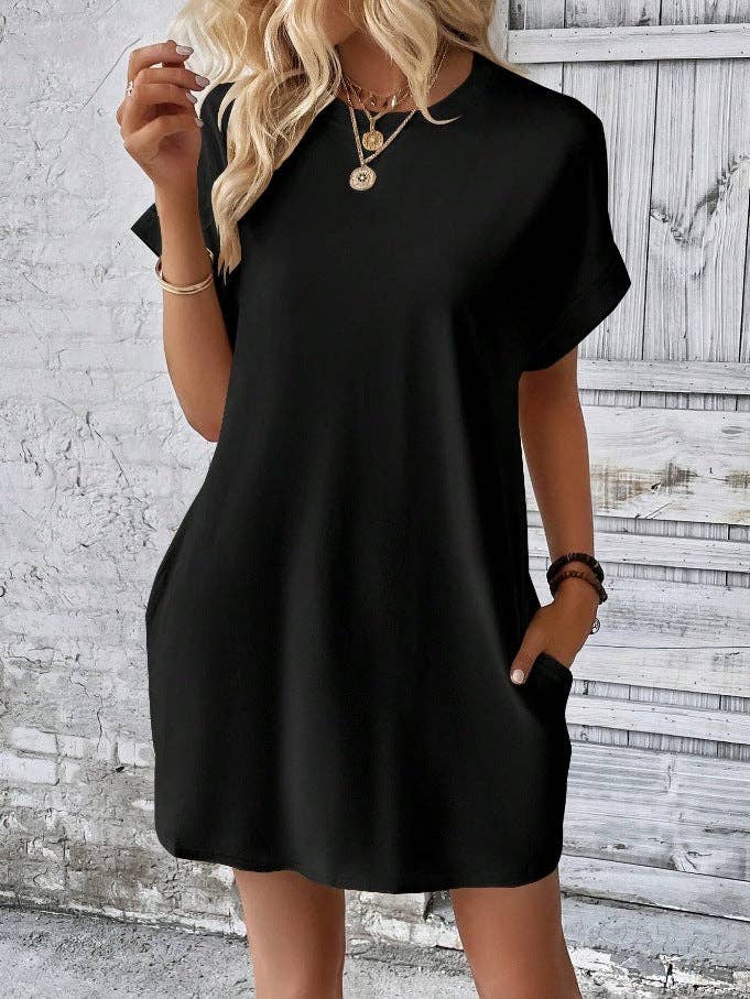 Relaxed Fit Cotton Short Sleeve Pocket Dress for Summer