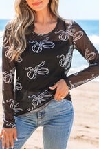 Black Round Neck Bow Print Long Sleeve Mesh Top