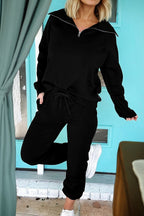 Black Zip Collar Long Sleeve Top Drawstring Pants Set