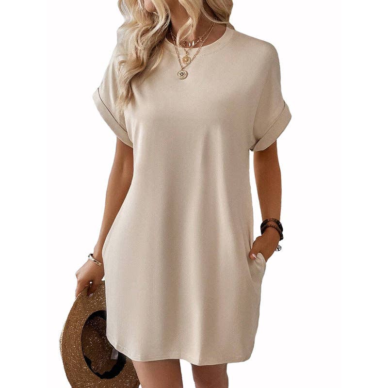 Relaxed Fit Cotton Short Sleeve Pocket Dress for Summer