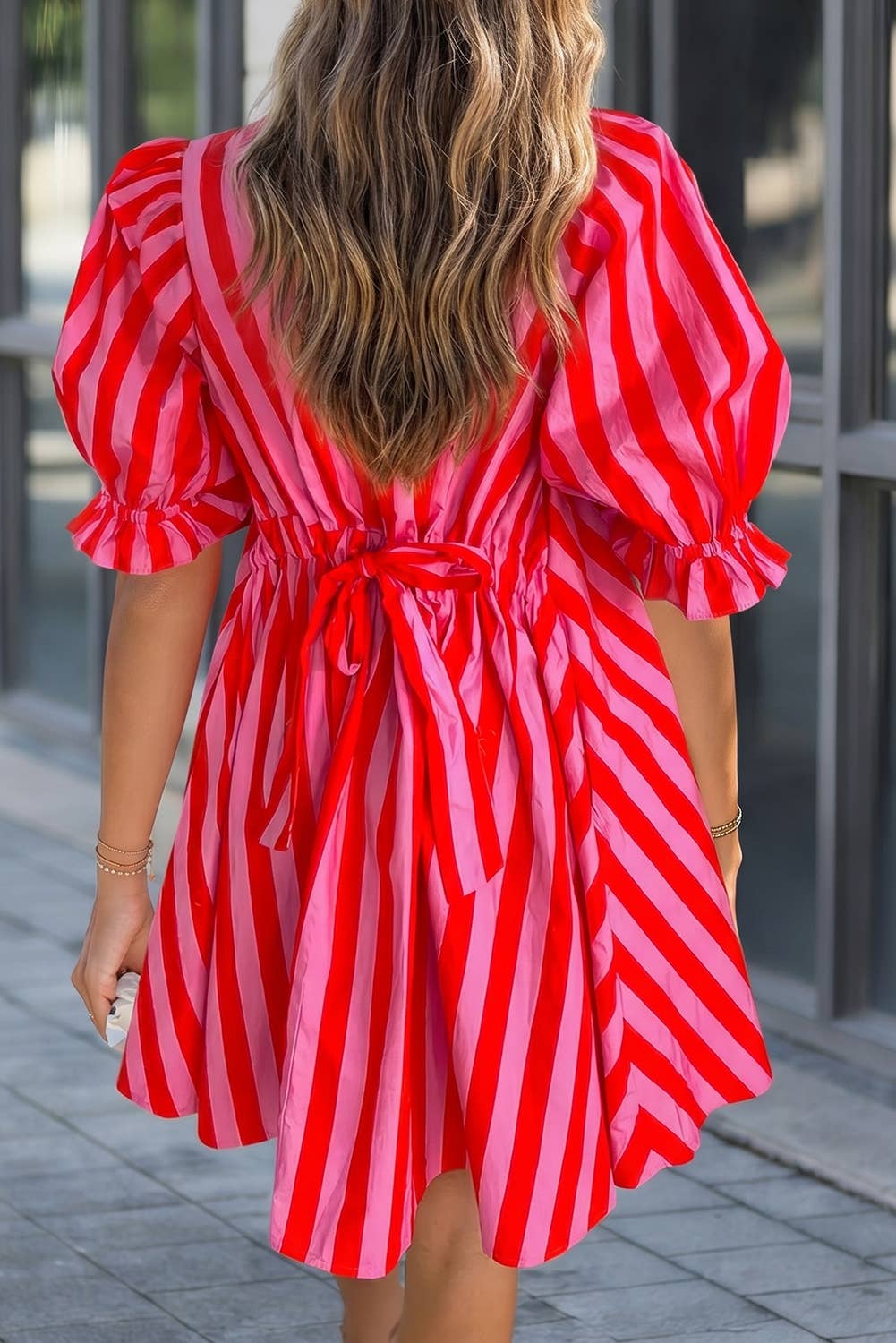 Striped Half Button Puff Sleeve Loose Mini Dress