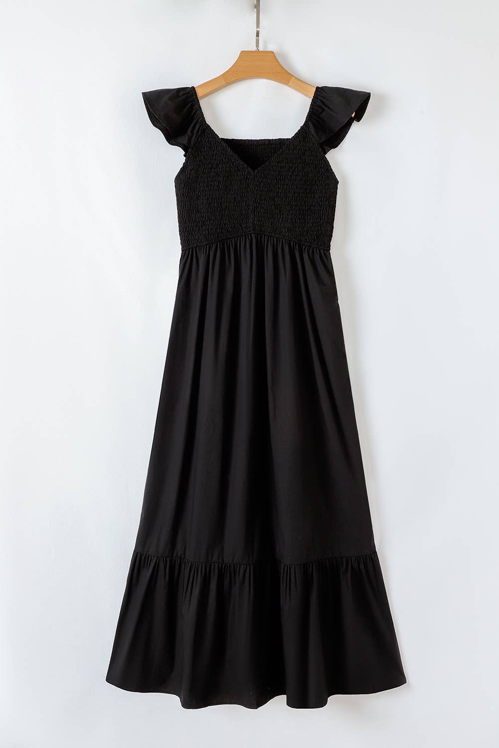 V Neck Smocked Bodice High Waist Ruffle Maxi Dress