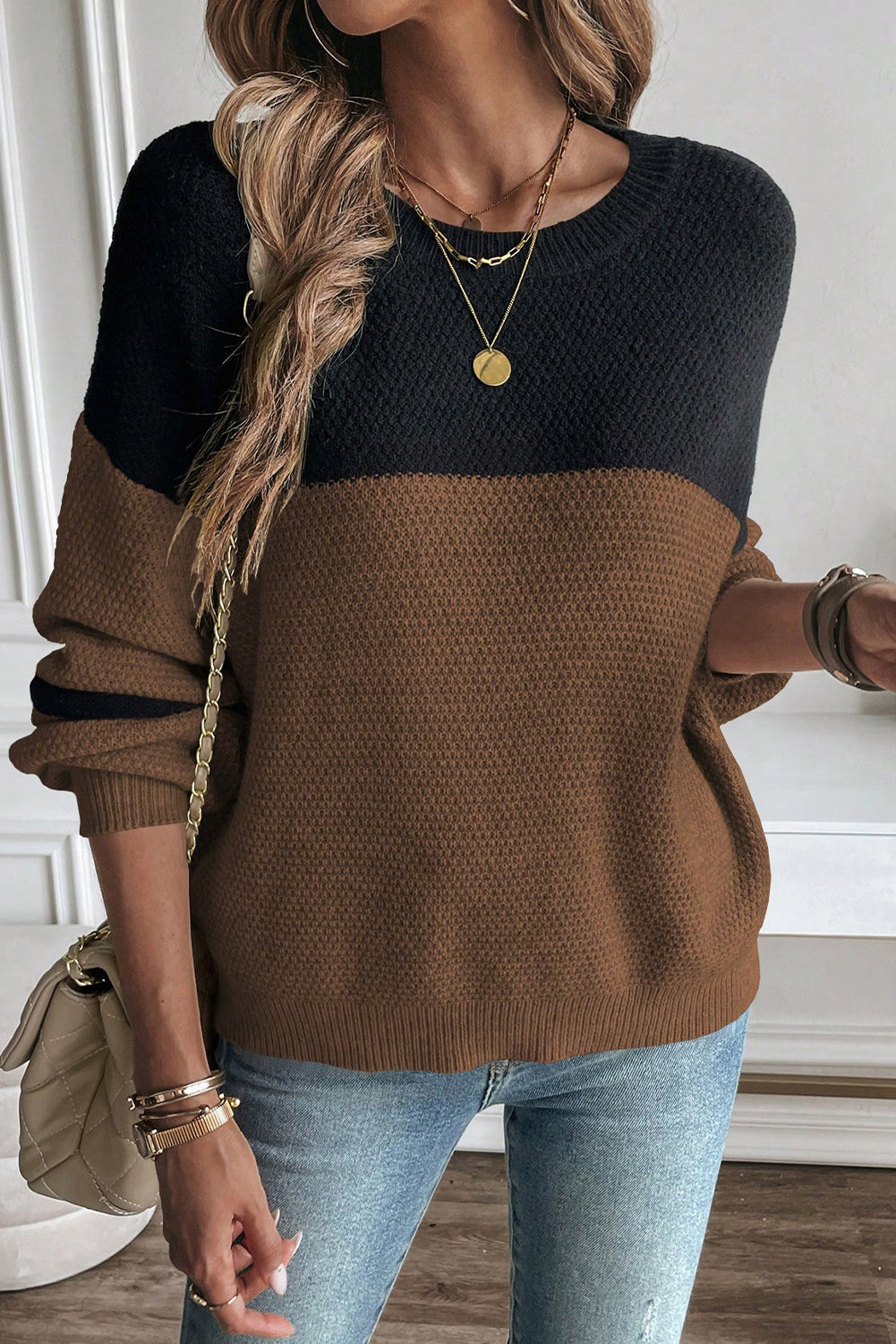 Dark Brown Color Block Knit Striped Sleeve Detail Casual Sweater