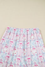 Pink Bow Wreath Pattern Christmas Holiday Tied Front Long Sleeve 2pcs Pajama Set