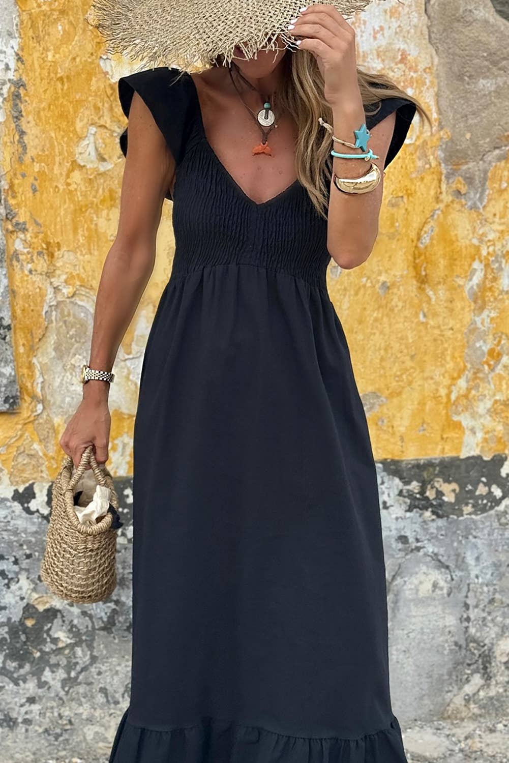 V Neck Smocked Bodice High Waist Ruffle Maxi Dress