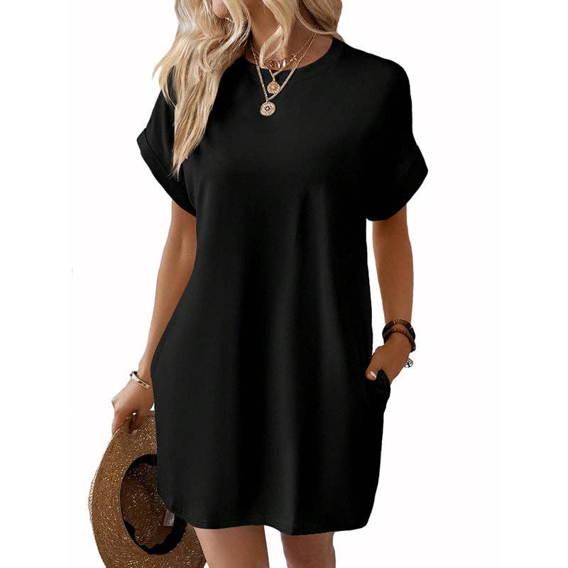 Relaxed Fit Cotton Short Sleeve Pocket Dress for Summer