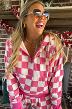 Red Checkered Print Half Zip Hoodie Loose Pant Set