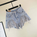 Fringe Rhinestone Distressed Denim Shorts Western Style