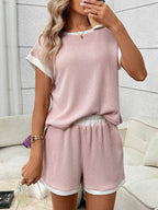 Pink Ribbed Lounge Set Contrast Trim Tee Top Shorts