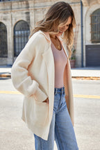 Beige Solid Color Knit Lapel Collar Single Button Sweater Cardigan