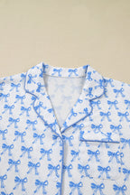 Sky Blue Bow Print Long Sleeve Shirt and Pants Soft Pajama Set