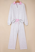 Light Grey 2pcs Contrasted Trim Frilled Collar Drop Shoulder Pullover Drawstring Pant Set
