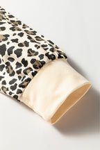 Brown Leopard Print Contrast Trim Long Sleeve Pullover Drawstring Shorts 2pcs Outfit