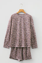 Khaki Leopard Ribbed Long Sleeve Top Drawstring Shorts 2pcs Outfit