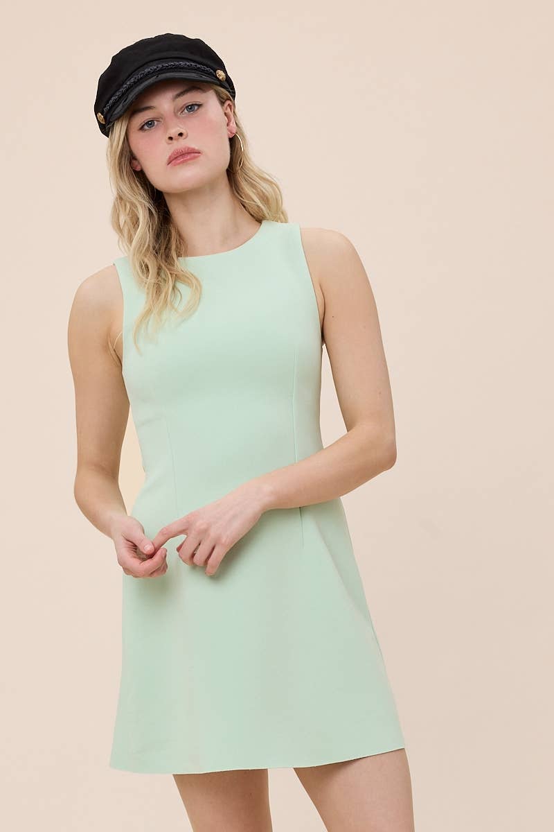 SOLID COLOR BOAT NECK SLEEVELESS A-LINE MINI DRESS