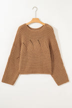 Camel Hollowed Detail Wide Sleeve Loose Pullover Sweater