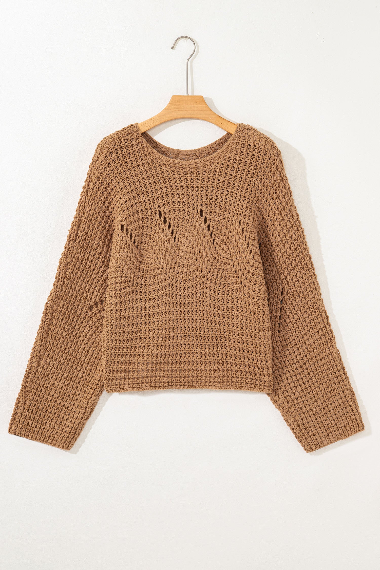 Camel Hollowed Detail Wide Sleeve Loose Pullover Sweater