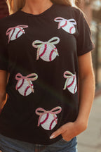 Black Shimmering Sequin Bow Ball Patterned Game Day Casual Tee