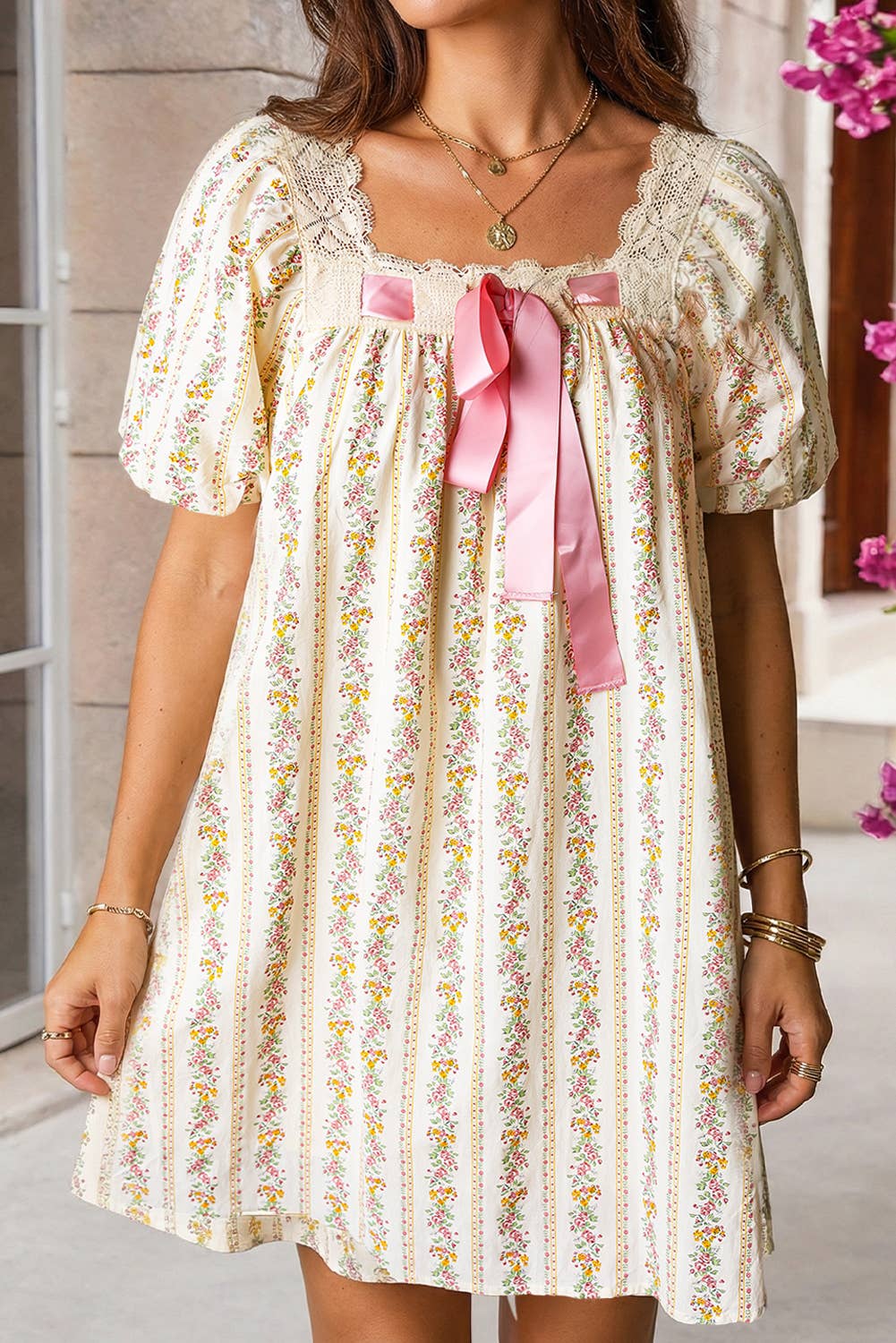 Print Contrast Ribbon Bow Lace Trim Square Neck Mini Dress
